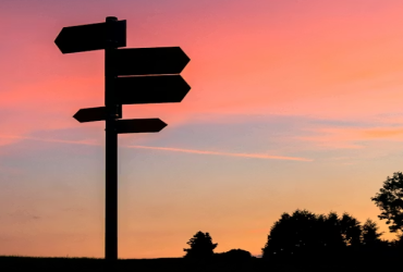 Silhouette of signs pointing many directions