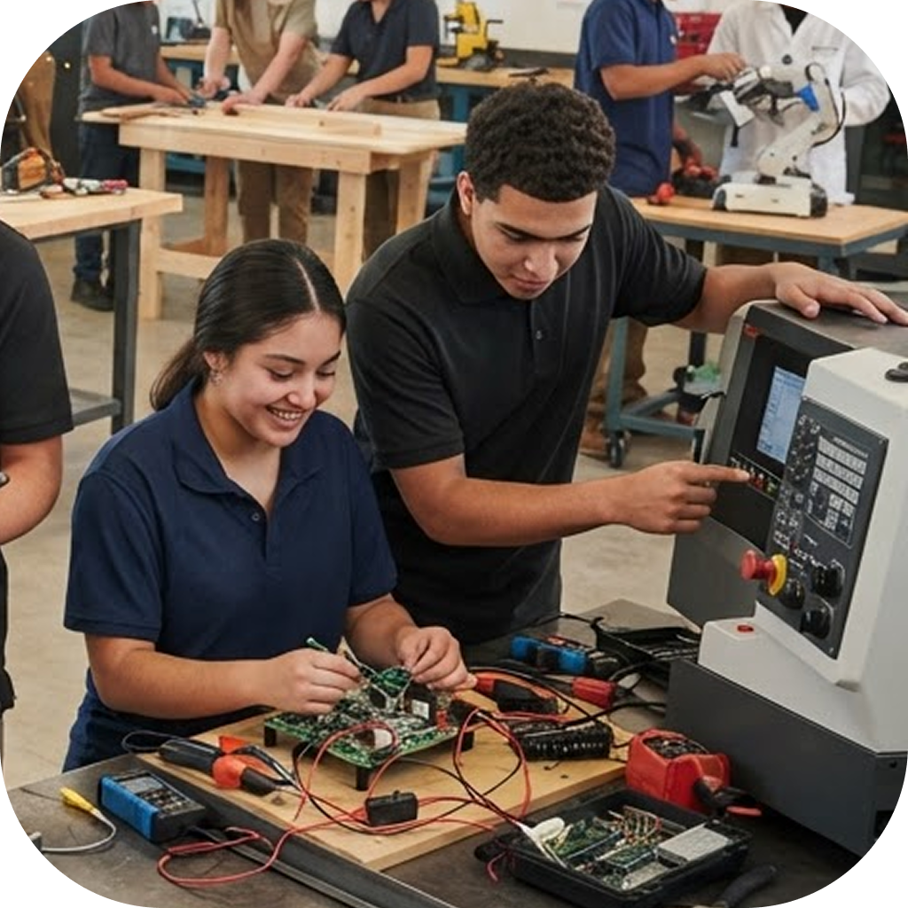 Two students practicing CTE (career and technical education) skills. One is soldering a circuit board, while the other is pointing to a computer screen.