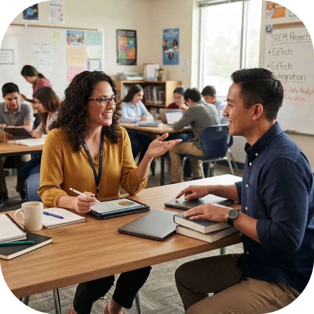 Image of an educator and an edtech professional having a discussion on community needs in a classroom.