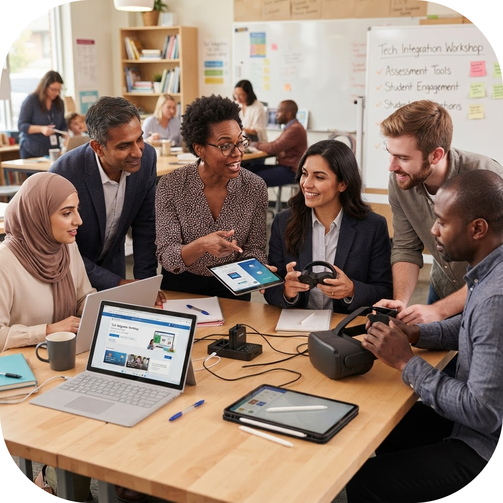 Image of a diverse group of educators discussing educational technology at a conference.