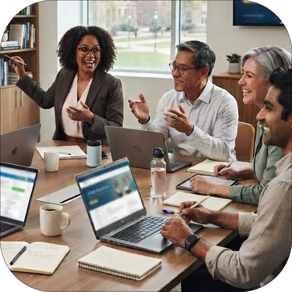 Image of a diverse group of educators discussing edtech at a conference.