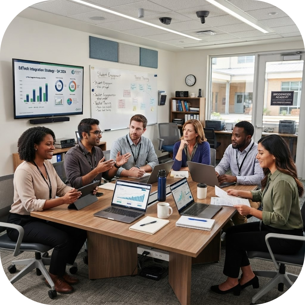Image of education technology providers meeting with school department heads in a conference room.