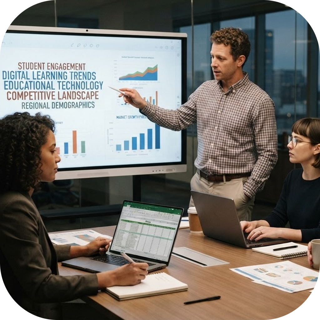 Image of research analysts discussing the results of an education market research project.