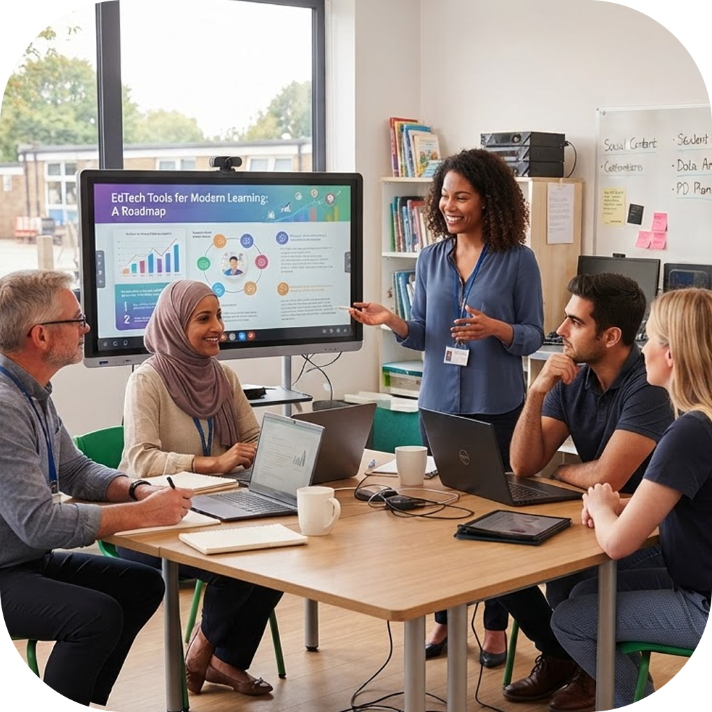 Image of an edtech professional giving a product presentation to a group of K-12 educators.