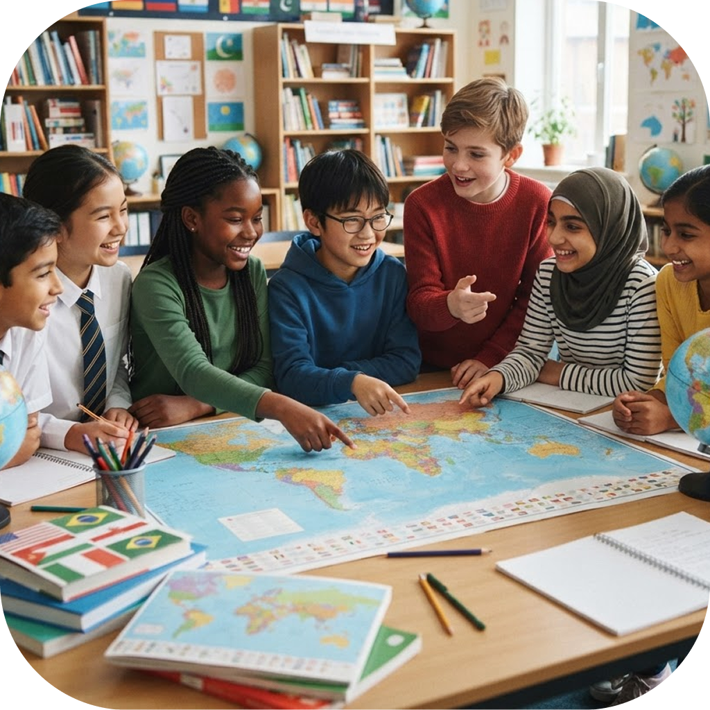 A diverse group of children receiving a global education. Several of the children are pointing at different parts of a map.
