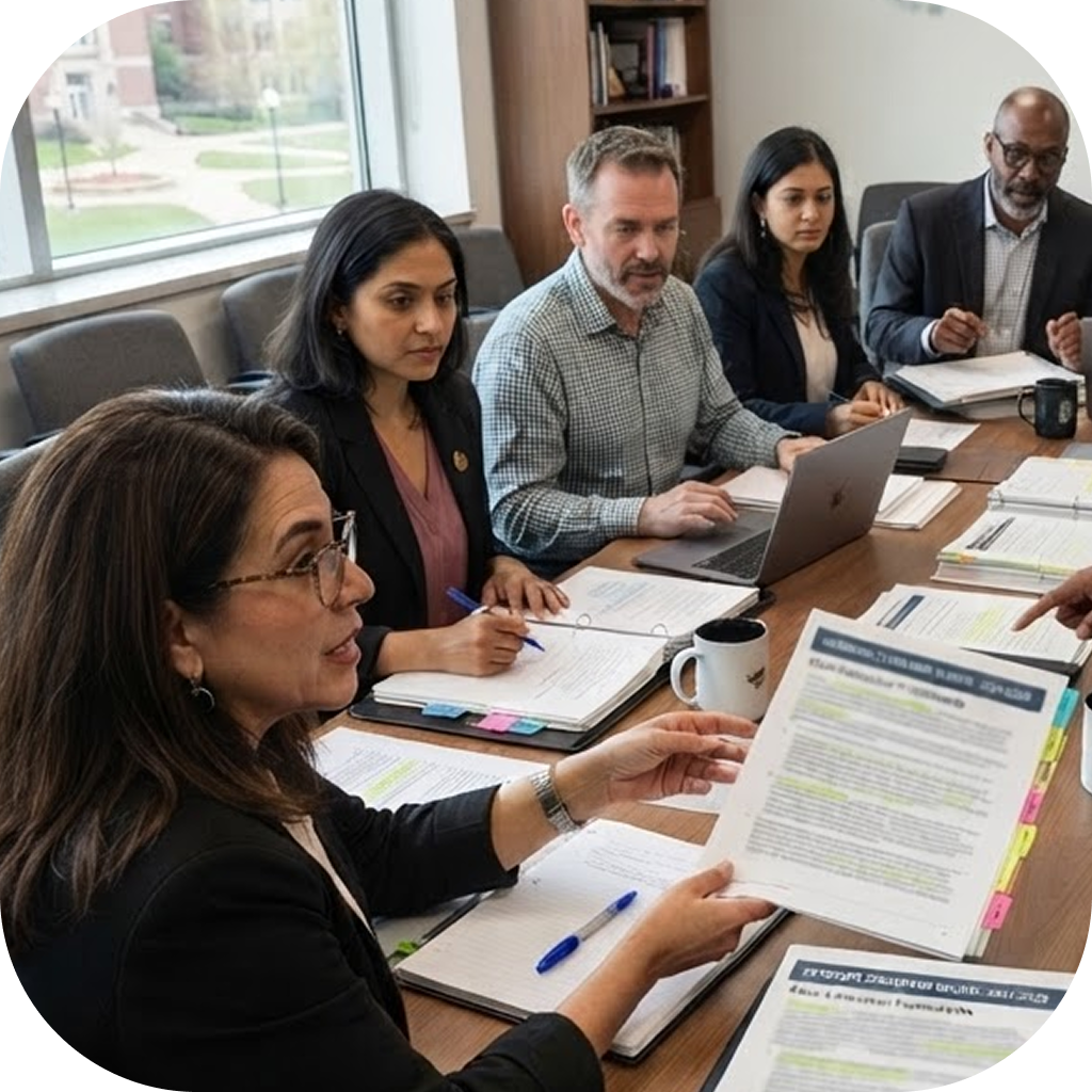 Image of academic experts reviewing education standards to implement.
