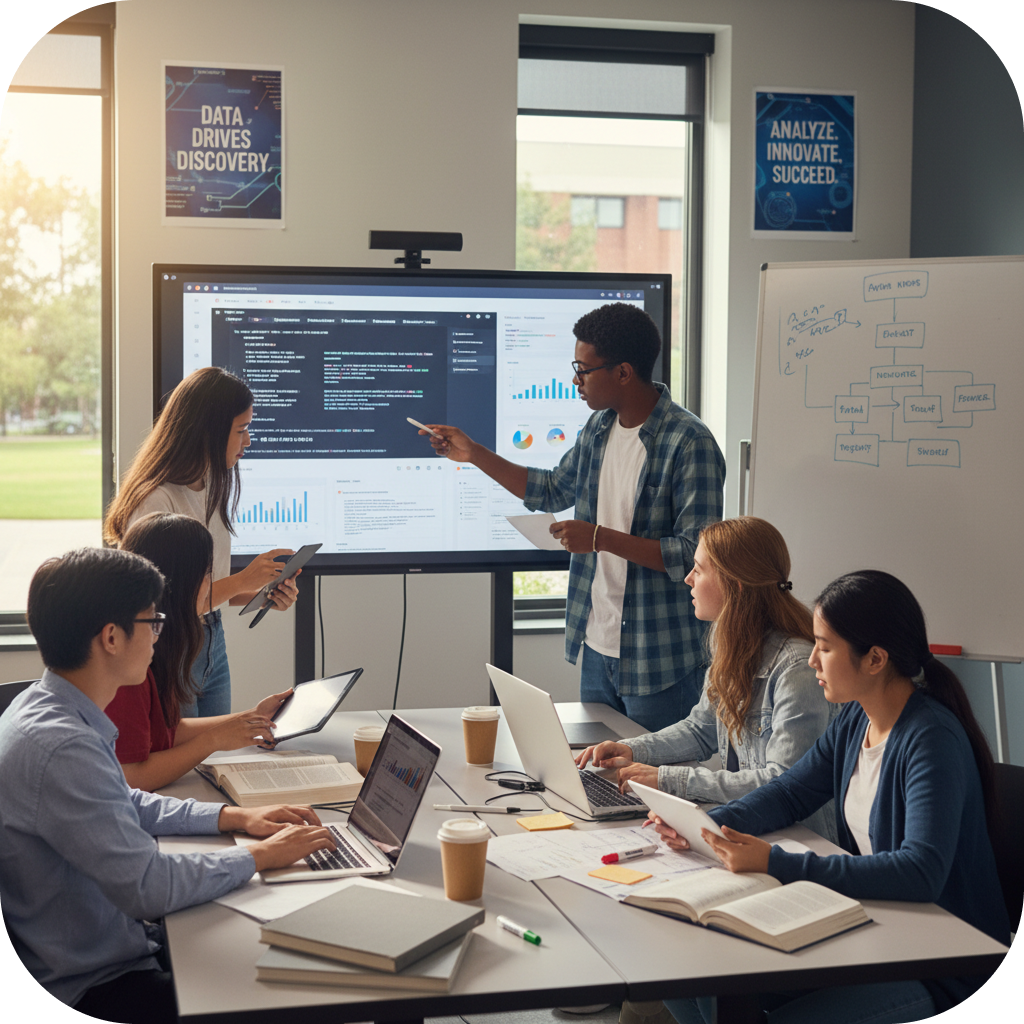 Image of high school students collaborating on a data science assignment.