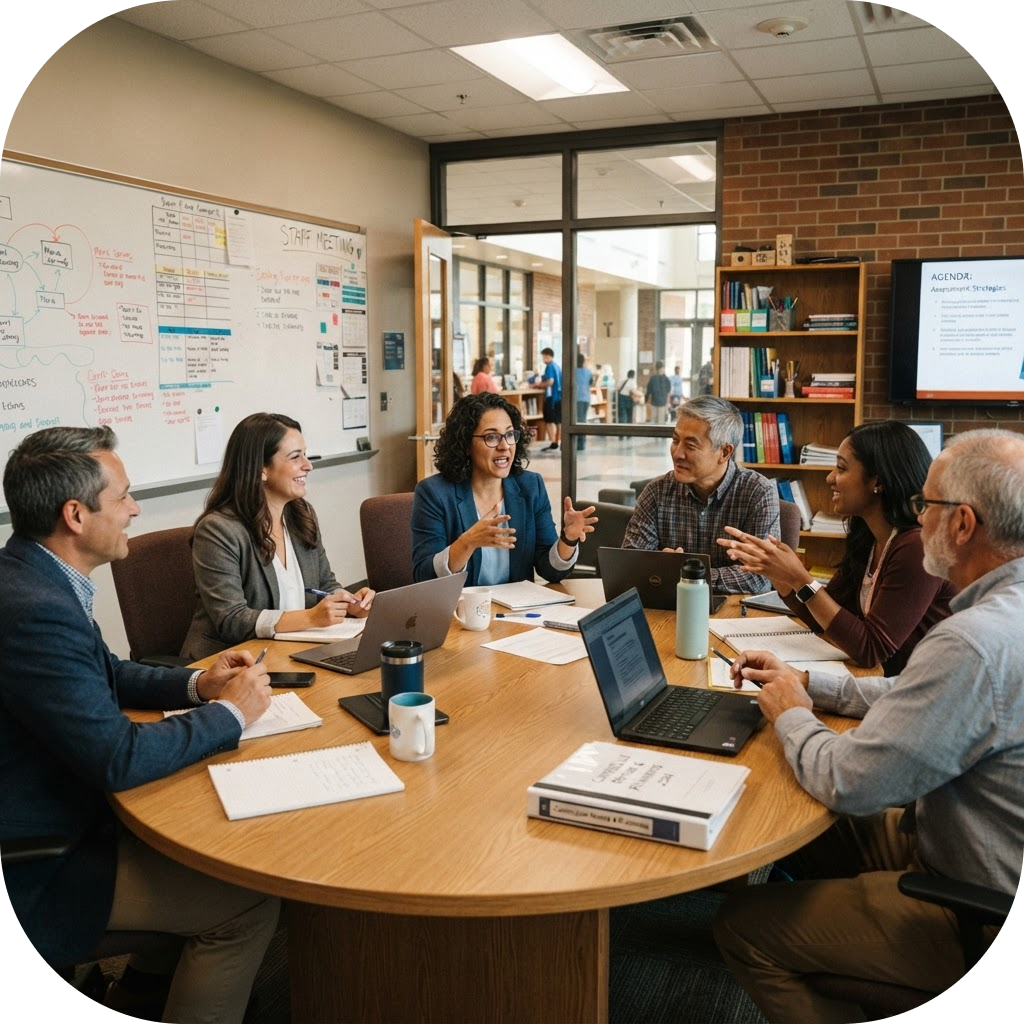 A group of teachers discussing curriculum plans in a conference room.