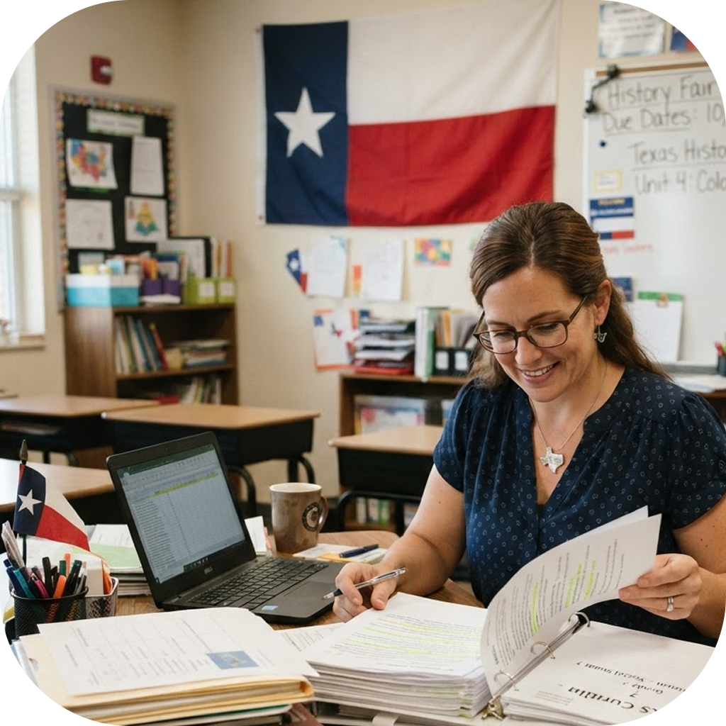 A teacher reviewing curriculum materials at her desk. There is a Texas flag hung behind her.